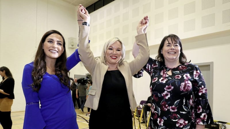 Sinn Fein deputy leader Michelle O&#39;Neill (centre) with elected Sinn Fein candidates Michelle Gildernew (right), Fermanagh/South Tyrone, and Orfhlaith Begley, West Tyrone, at the Leisure Centre, in Omagh. Brian Lawless/PA Wire 