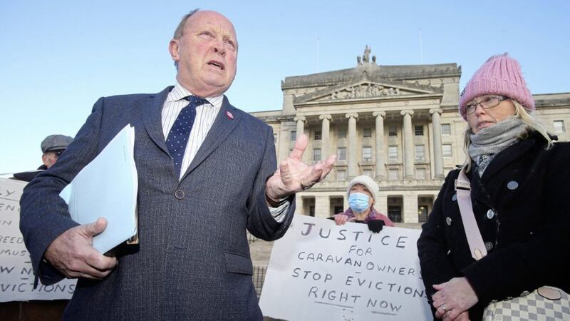 TUV leader Jim Allister speaking as caravan owners yesterday brought their protest to Stormont. Picture by Mal McCann 