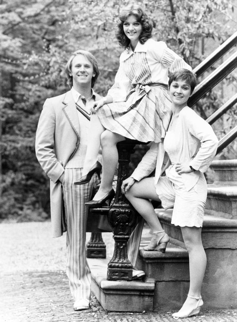 Peter Davison as the Doctor with his assistants Sarah Sutton and Janet Fielding 