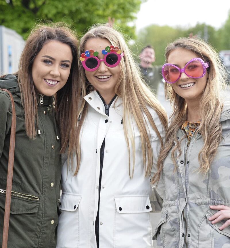 Ed Sheeran fans from L-R Alana Keenan, Megan Toner and Tara Gray   at Boucher Road in Belfast. Picture by Pacemaker Press