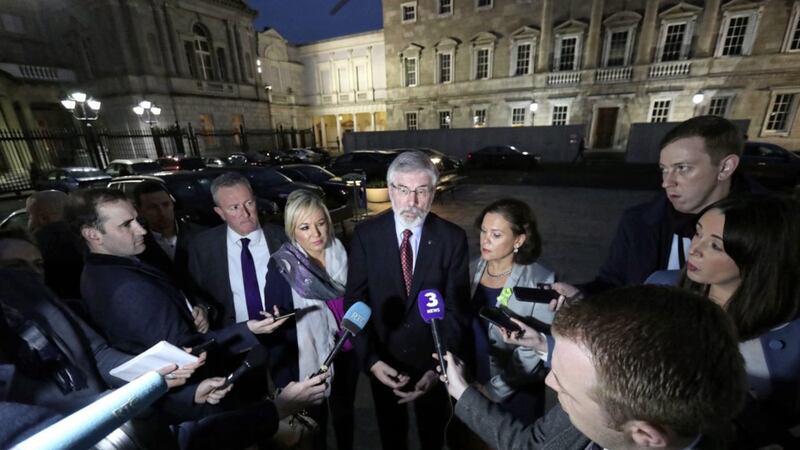 Sinn F&eacute;in&#39;s Gerry Adams with party colleagues at Leinster House ahead of a meeting about the continuing deadlock at Stormont 