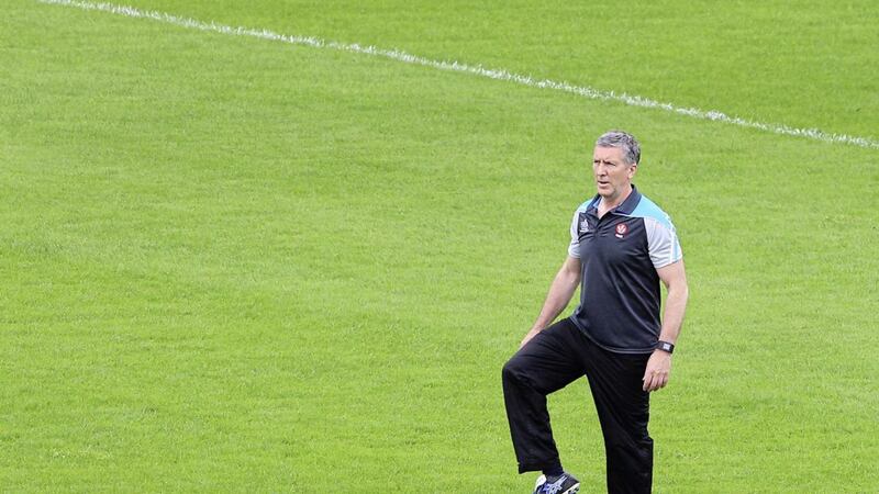 Derry manager Damian Barton against Tyrone during the Ulster Senior Football Championship quarter final match at Celtic Park on Sunday. Picture by Margaret McLaughlin. 
