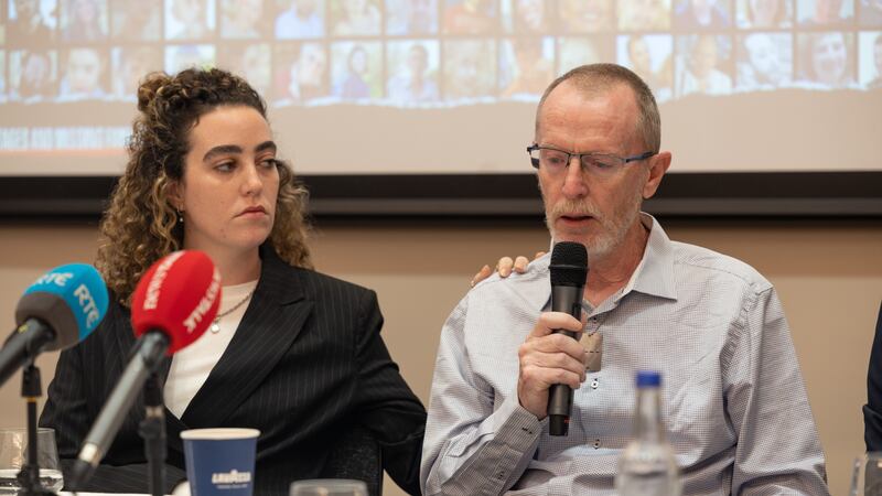 Thomas Hand and Natali Hand during a press conference for families of hostages feared taken in Gaza at the Embassy of Israel in Dublin (PA)