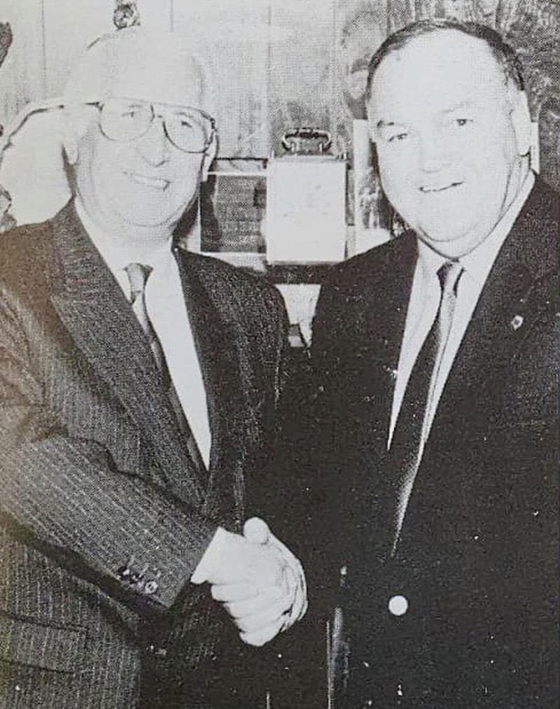 Noel Lemon (right), who helped organise the friendly match between Linfield and Argentina, with Blues chairman David Campbell