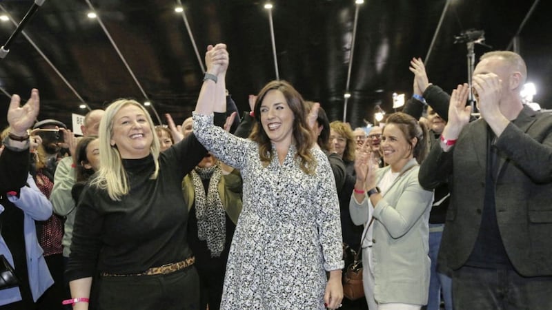 Sinn F&eacute;in&#39;s Sin&eacute;ad Ennis with colleague Cathy Mason after they were elected in South Down on the first count. Picture by Hugh Russell 