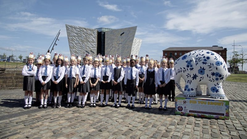 Pupils from Sunnylands Primary School in Carrickfergus at the launch of the Big Belfast Trail at Titanic Quarter. 