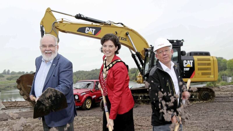 Cutting the first sod on the &pound;30m Lake Torrent Motorsport Centre of Excellence in Coalisland are project founder David Henderson of Manna Developments (right), Mid Ulster MP Francie Molloy (Sinn F&eacute;in) and Cllr Kim Ashton (DUP), chair of Mid Ulster District Council 