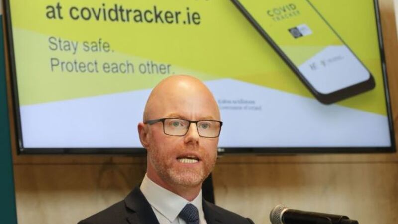 &nbsp;The Republic's Health Minister Stephen Donnelly launches the official health service executive Covid Tracker contact tracing app at the Department of Health in Dublin. Picture by Niall Carson/PA Wire
