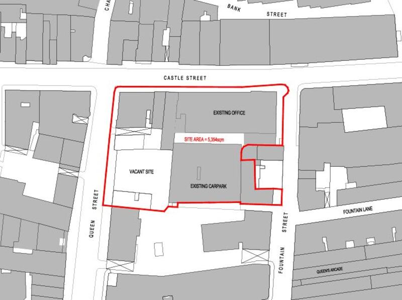 A map showing the area (in red) included in the student accommodation proposal from McAleer and Rushe.