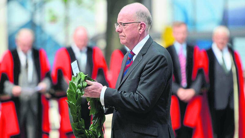 Pacemaker Press 1/7/2015.(Minister for foreign affairs and Trade) Charles Flanagan TD lays a wreath at City Hall during the Battle of the Somme commemoration ceremony..The World War I battle took place 99 years ago between 1 July and 13 November, 1916..Pic Colm Lenaghan/Pacemaker.