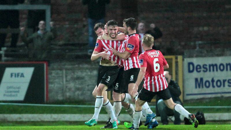 FIRST OF THE SEASON: Derry City's Dean Jarvis is mobbed after scoring against Shamrock Rovers at the Brandywell on Friday night.  Picture by Margaret McLaughlin