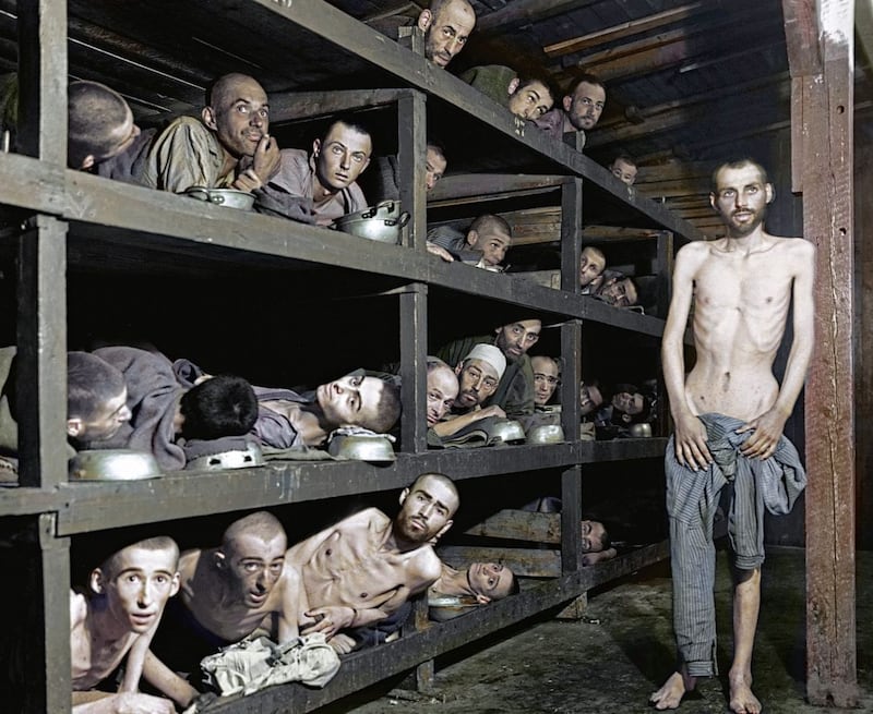 Survivors at Buchenwald concentration camp remain in their barracks after liberation by Allies on April 16 1945. Elie Wiesel, the Nobel Prize-winning author of Night, is on the second bunk from the bottom, seventh from the left 