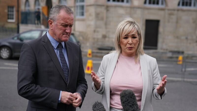 Sinn Fein’s Conor Murphy and Deputy Leader Michelle O’Neill speak to the media following a meeting with Northern Ireland Secretary Chris Heaton-Harris at Hillsborough Castle. Picture date: Wednesday May 24, 2023.