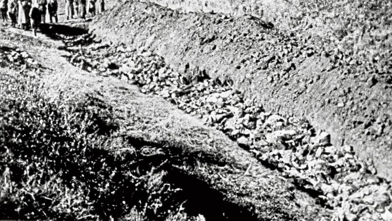 Part of the Babi Yar ravine at the outskirts of Kiev, Ukraine in 1944 where the advancing Red Army unearthed the bodies of 14,000 civilians killed by fleeing Nazis. Two suspected members of Adolf Hitler&#39;s mobile Einsatzgruppen death squads identified by the Simon Wiesenthal Center have been tracked down by German reporters but deny participating in wartime massacres. Einsatzgruppe C was responsible for one of the most notorious massacres, the shooting of nearly 34,000 at Babi Yar 
