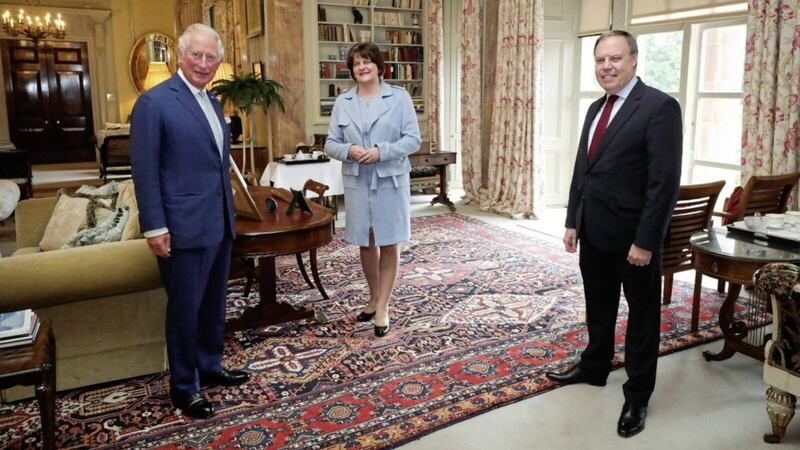 Prince Charles with First Minister Arlene Foster and DUP deputy leader Nigel Dodds at Hillsborough Castle 