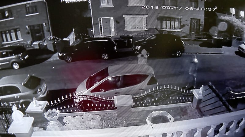 CCTV footage of a gun attack on the home of George Richmond in Dermott Hill Parade in west Belfast. Picture by Mal McCann