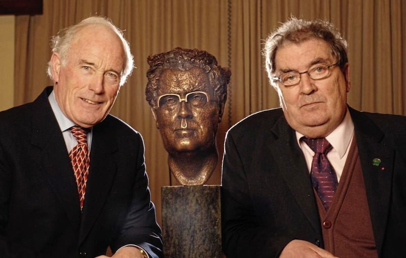 John Sherlock with John Hume after a bronze of the former SDLP leader was unveiled at St Columb&#39;s College in Derry. Picture by John Harrison                             