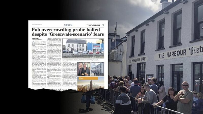 The Harbour Bar in Portrush during The Open golf championship last year, and inset, how The Irish News reported on concerns raised 