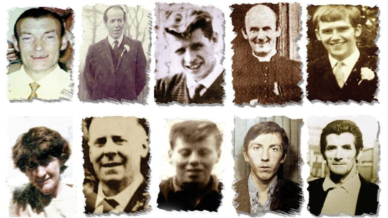 (left to right top row) Joseph Corr, Danny Taggart, Eddie Doherty, Father Hugh Mullan, Frank Quinn, Paddy McCarthy, (left to right, bottom row) Joan Connolly, John McKerr, Noel Philips, John Laverty and Joseph Murphy, who were all gunshot victims of the Ballymurphy massacre in west Belfast in 1971. Picture by Ballymurphy Massacre Committee/PA Wire 