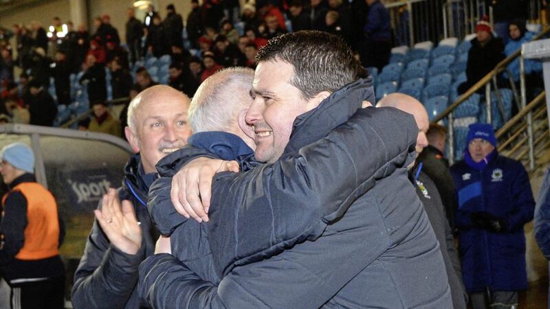 Linfield manager David Healy celebrates his side's Co Antrim Shield final victory in Ballymena<br />Picture by Colm Lenaghan/Pacemaker Press
