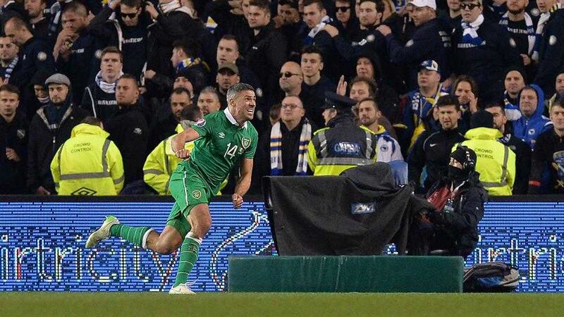 Jonathan Walters wheels away in celebration after bagging his second goal against Euro 2016 play-off opponents Bosnia-Herzegovina