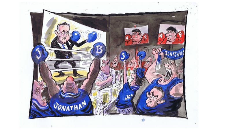 Ian Knox cartoon 11/9/18: Intimations suggest that round 2 of the Great RHI Scandal will out Scorsese Martin, with the DUP's Corleone family feud providing future openings for Al Pacino and Robert de Niro&nbsp;
