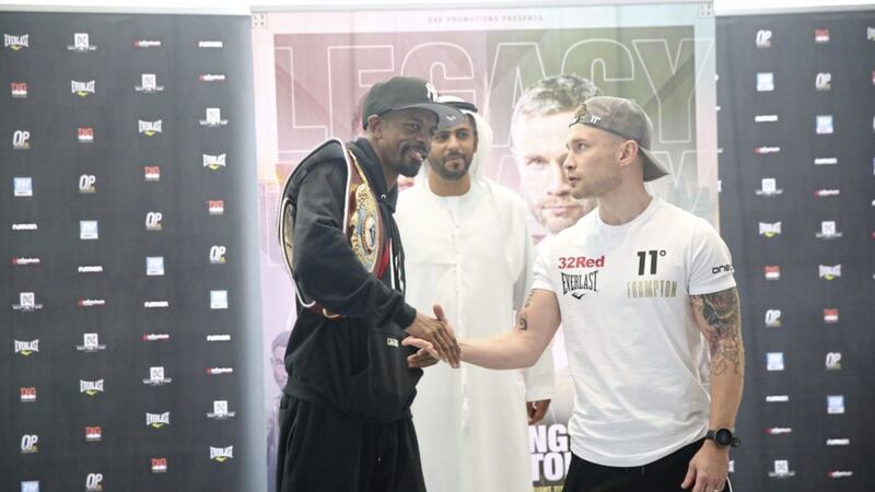Lull before the storm... Frampton and Jamel Herring shake hands at yesterday&#39;s press conference 