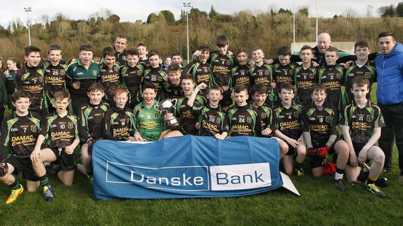 Dean Maguirc College, Carrickmore celebrate after defeating Scoil Mhuire, Buncrana in the final of the Gerry Brown Cup in Strabane on Tuesday&nbsp;