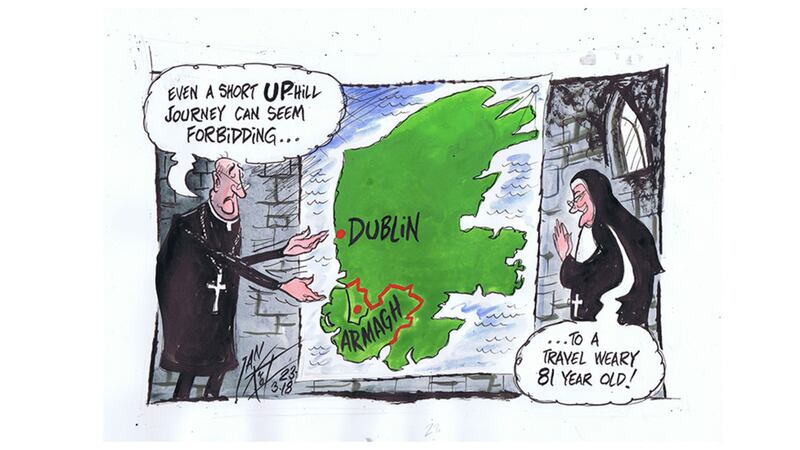 Ian Knox cartoon March 23 2018<br />Down to Armagh:&nbsp;Much thought and emotion is expended in trying to entice the Pope north to Armagh