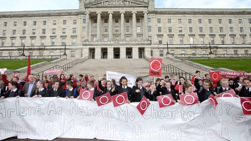 A pro-Irish language act protest at Parliament Buildings last year. Picture by Mal McCann