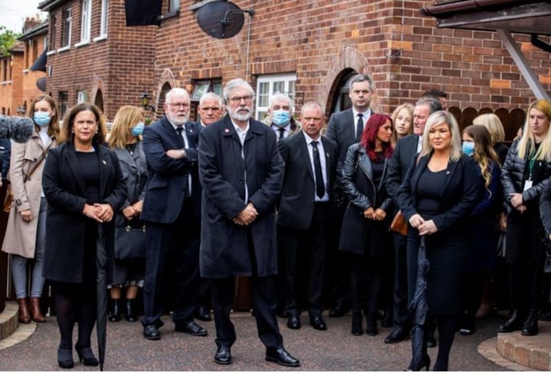 Sinn F&eacute;in leader Mary Lou McDonald, former Sinn Fe<br />&eacute;in leader Gerry Adams, and Deputy First Minister Michelle O'Neill attending the funeral of former leading IRA figure Bobby Storey in west Belfast