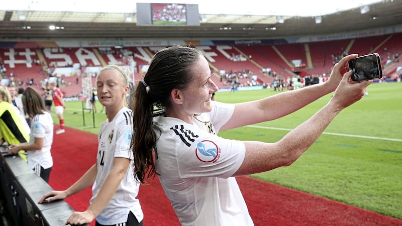Northern Ireland&#39;s Sarah McFadden with the fans after Monday&#39;s Women&#39;s Euros match against Austria at St Mary&#39;s Stadium, Southampton. Photo by William Cherry/Presseye 