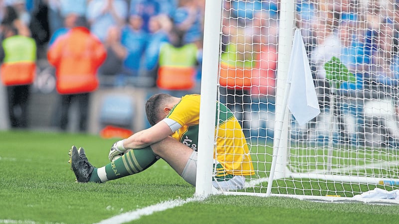 &nbsp; Dejected Kerry goalkeeper Brian Kelly after his side lost yesterday&rsquo;s epic All-Ireland semi-final against Dublin in Croke Park