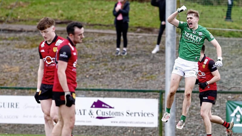 Josh Largo Elis jumps for joy after Fermanagh snatched a dramatic late League win over Down in Ederney earlier this year. Picture by Philip Walsh 