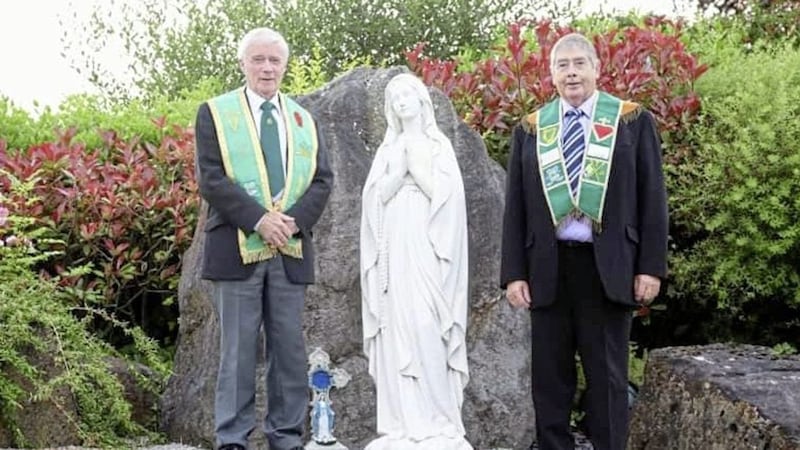 Tyrone AOH President Frank Gildernew and Vice President John O&#39;Hagan outside St Mary&#39;s Church in Aughnacloy  