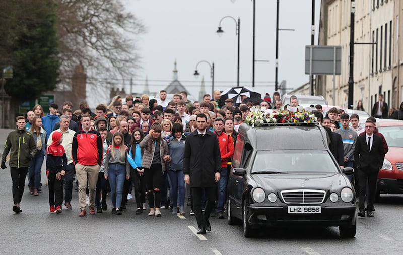 The cortege arriving at St Patrick's Church, Dungannon for the funeral of Morgan Barnard. Picture by Brian Lawless, Press Association