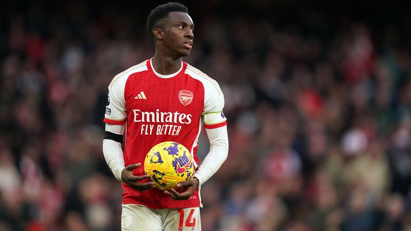 Arsenal’s Eddie Nketiah with the match ball after scoring a hat-trick during the Premier League win over Sheffield United. (John Walton/PA)