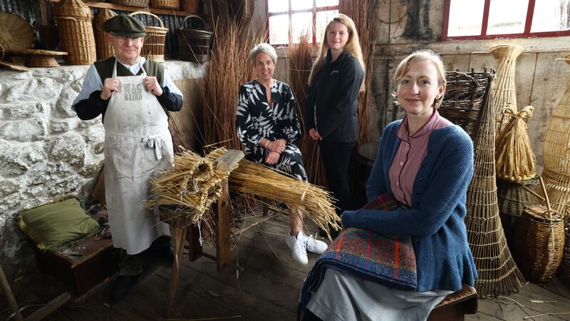 Ulster Folk Museum’s Craft Printing Demonstrator Andy, Kathryn Thomson, Chief Executive of National Museums NI, Isabel McKernan CITB NI Heritage Project Manager, and Ulster Folk Museum Craft Weaver Roisin.