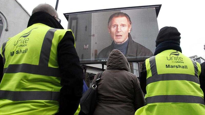Ballymena native and actor Liam Neeson delivers a video message to the town calling for investment in manufacturing jobs. Picture by Aidan O'Reilly, Pacemaker Press