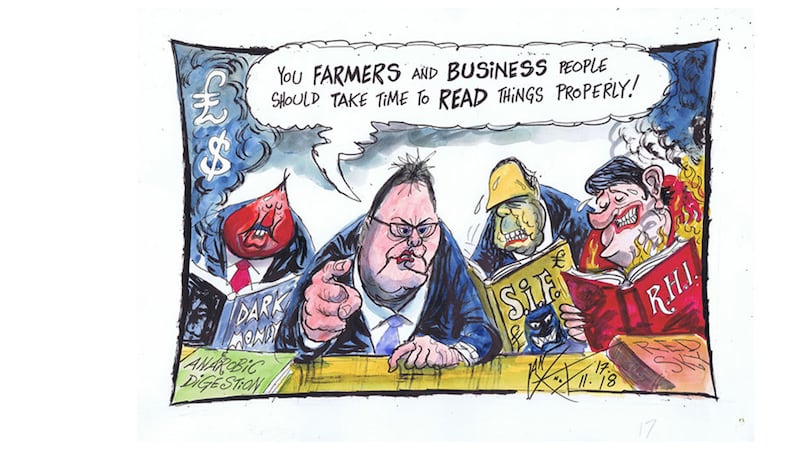 Ian Knox cartoon 19/11/18:&nbsp;Jeffrey Donaldson's admonishment to farmers and business people to read Theresa&rsquo;s Brexit deal more fully before expressing satisfaction seems rich from a party whose leader conspicuously failed to read the RHI legislation
