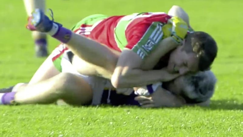 A screenshot of the tussle between Ballymun&#39;s Jason Whelan and Kilmacud&#39;s Cian O&rsquo;Connor in which both players appeared to make contact with the area around their opponent&#39;s eye. Picture: TG4 