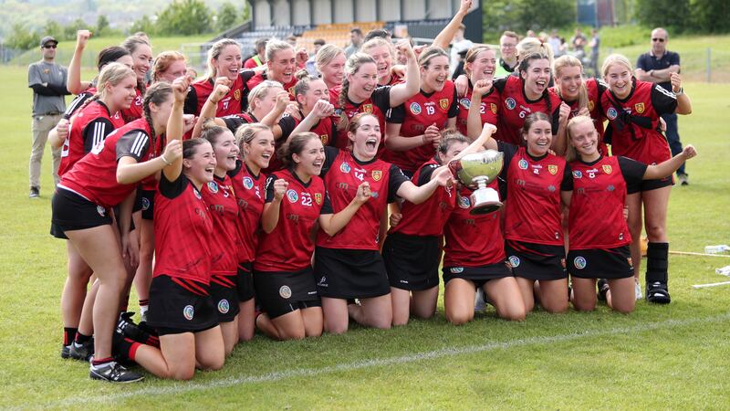 Down players celebrate after beating Antrim in the Ulster Senior Camogie Championship final      Picture: Sean Paul McKillop