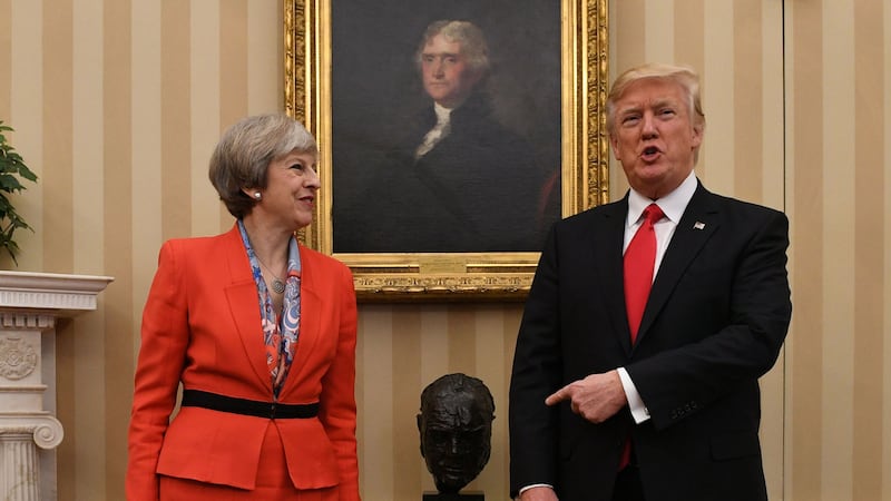 British Prime Minister Theresa May meeting US President Donald Trump by a bust of Sir Winston Churchill in the Oval Office of the White House, Washington DC, USA. Picture: Stefan Rousseau/PA Wire&nbsp;