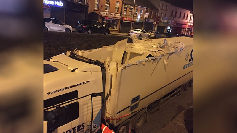 The lorry which was damaged in last night's collision. Picture from Gary McDonald on Twitter