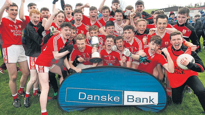 St Patrick&rsquo;s Academy, Dungannon celebrate their 2-12 to 1-12 Brock Cup final win over St Patrick&rsquo;s, Cavan in Truagh last night<br />Picture by Jim Dunne