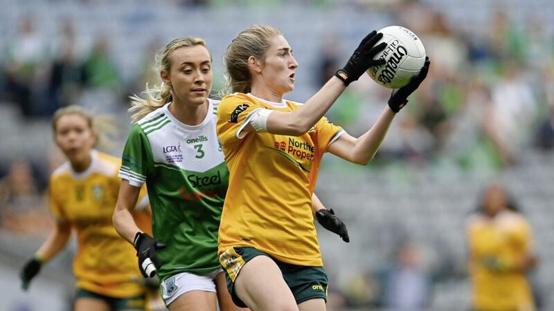 Orlaith Prenter of Antrim in action against Molly McGloin of Fermanagh during the TG4 All-Ireland Ladies Football Junior Championship Final match between Antrim and Fermanagh at Croke Park Picture: Ramsey Cardy/Sportsfile 