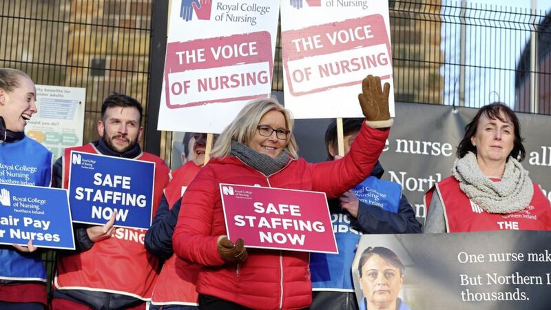 Director of the Royal College of Nursing Pat Cullen supports nurses and RCN staff outside the Mater Hospital, Belfast, Picture Mal McCann. 