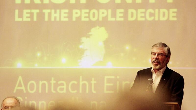 Sinn F&eacute;in President Gerry Adams delivering a speech in Dublin in 2013 calling on the Irish and British governments to set a date for a border poll 