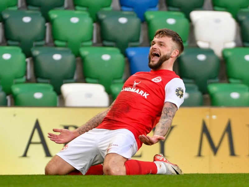 Andy Ryan celebrates scoring for Larne against Linfield in the Sport Direct Premiership match at Windsor Park on Monday night

Picture: Andrew McCarroll/ Pacemaker Press