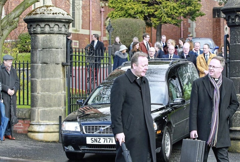 Archbishop Eamon Martin leads his mothers remains from the church for burial in Donegal. The funeral of Catherine Martin, mother of Archbishop Eamon Martin, at St Patricks Church in Derry on Friday. Picture Margaret McLaughlin&nbsp;